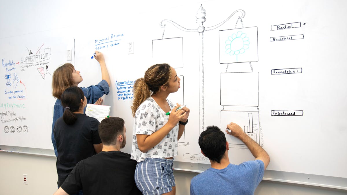 A whiteboard covered in study notes during a group session