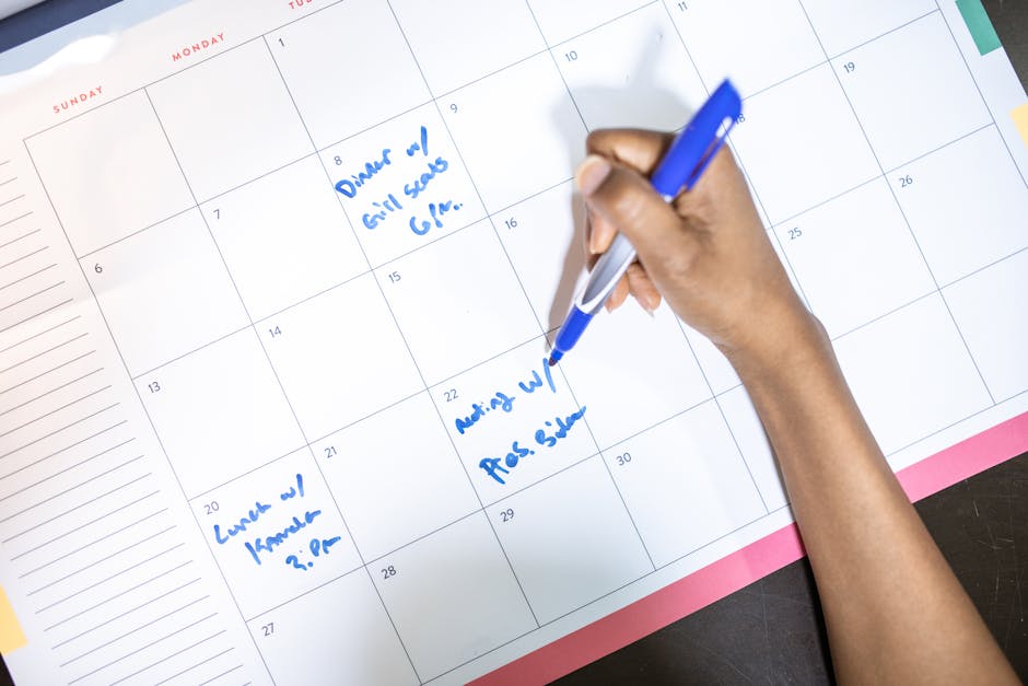 A weekly planner with review dates marked across multiple weeks